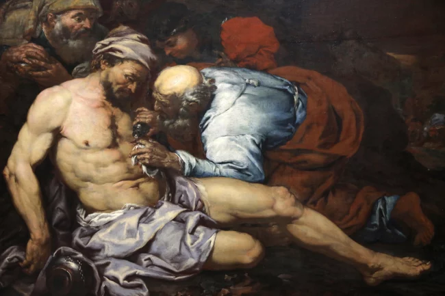 Le bon Samaritain de Giovanni Battista Langetti (vers 1660). Musée des Beaux-Arts, Lyon.